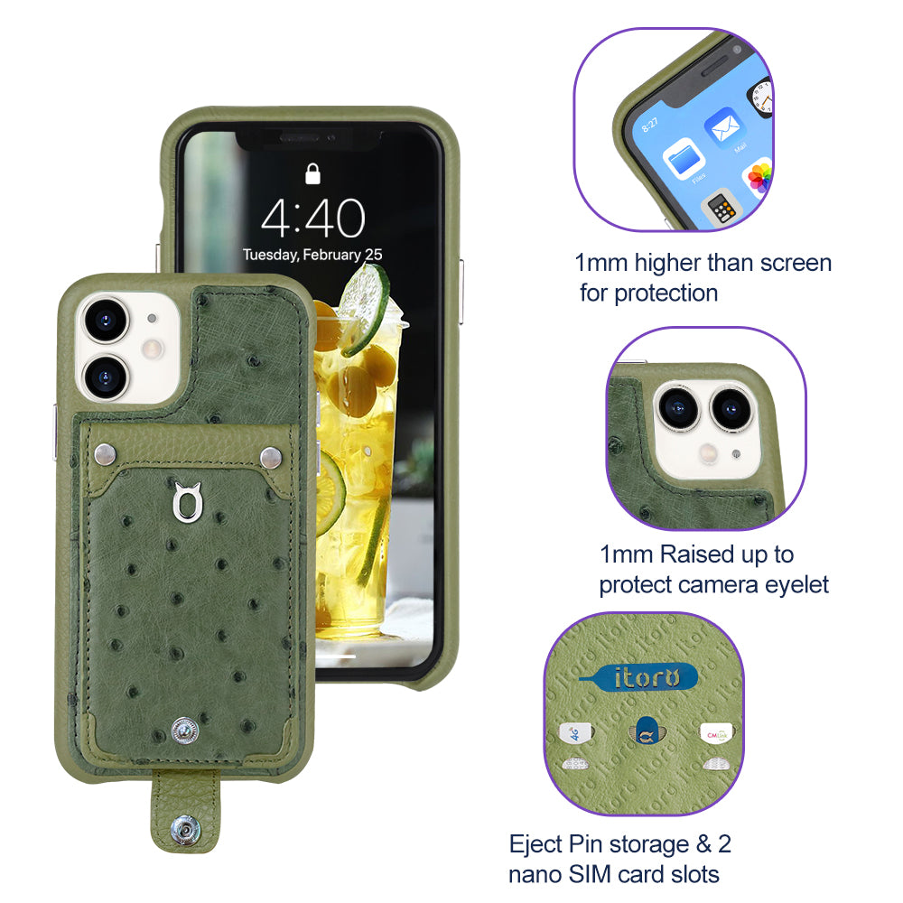 Ostrich detachable kickstand Wallets Leather Case iPhone 11 - Green