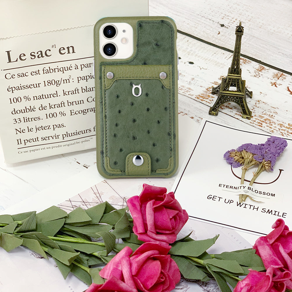 Ostrich detachable kickstand Wallets Leather Case iPhone 11 - Green