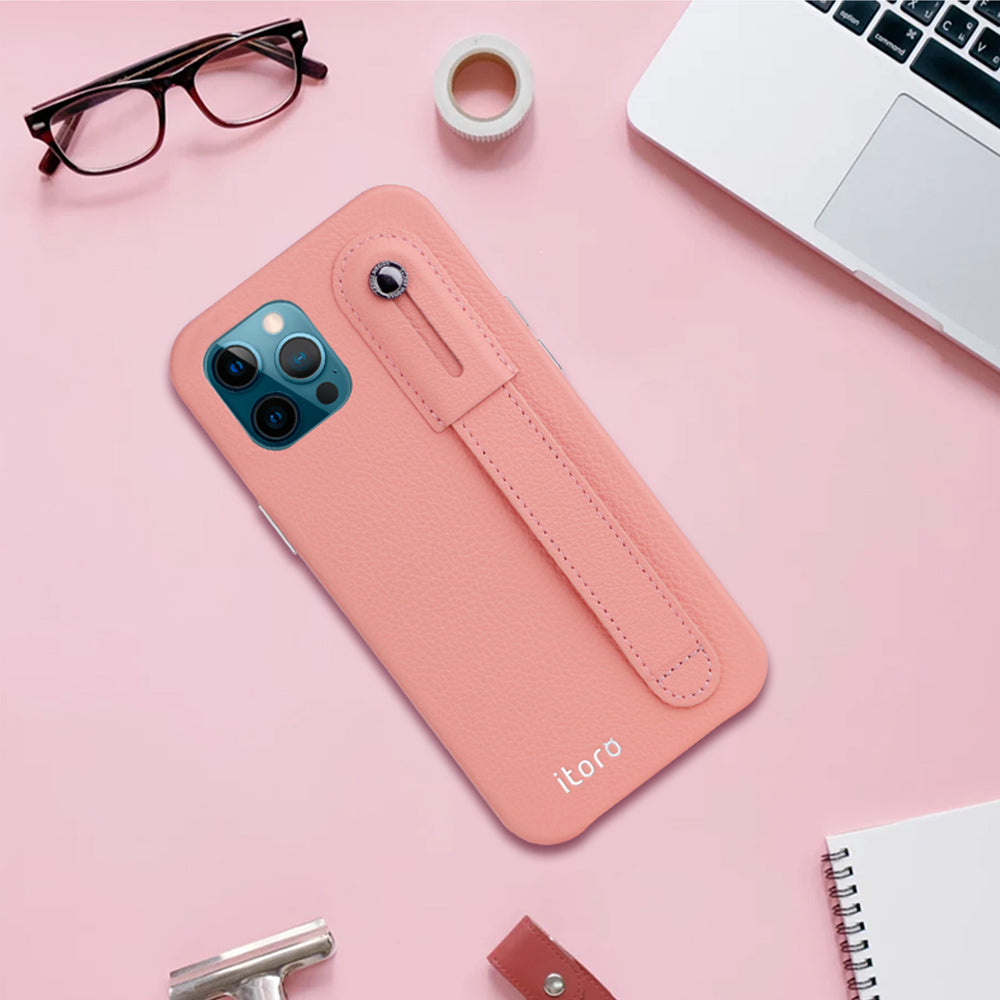 iPhone 12 | 12 Pro Italian Leather Case _ Hand Strap Kickstand - Cherry Pink