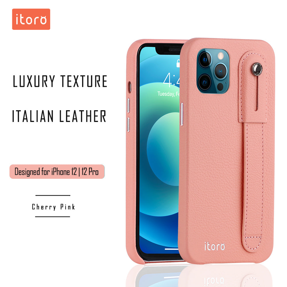 iPhone 12 | 12 Pro Italian Leather Case _ Hand Strap Kickstand - Cherry Pink