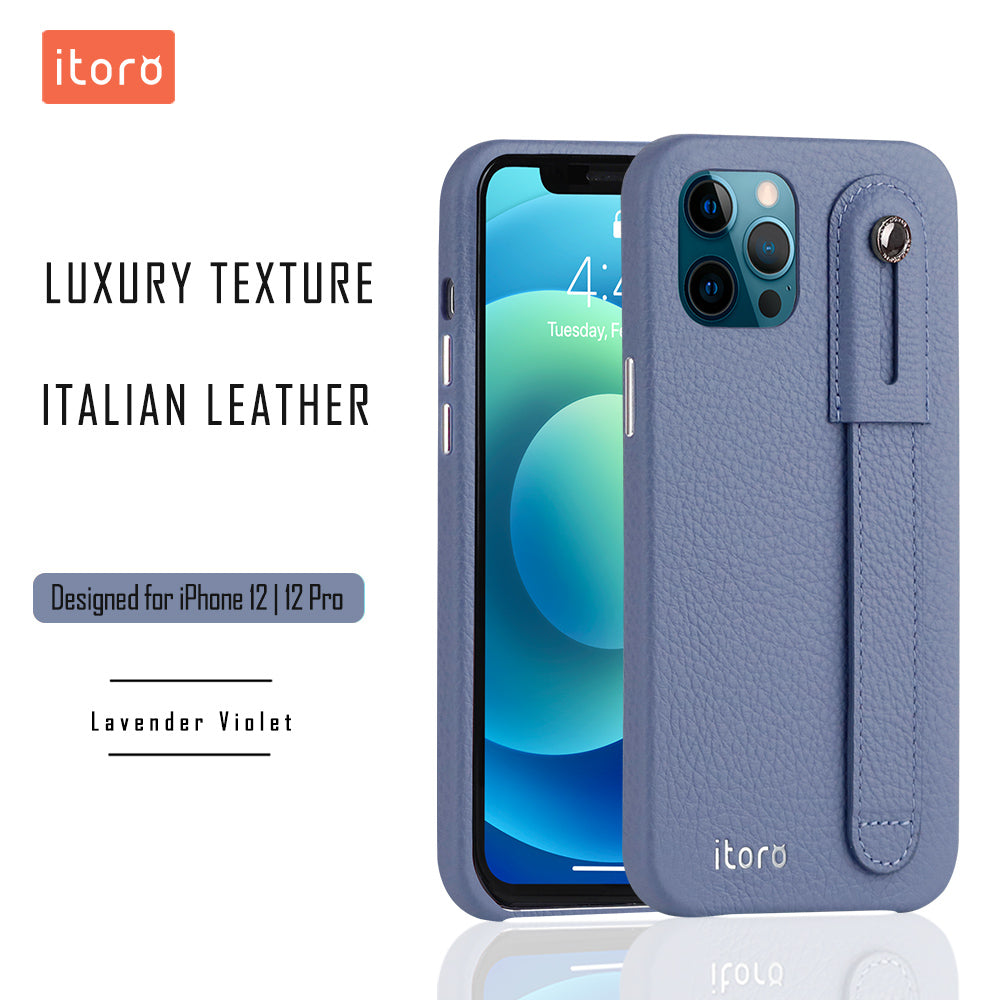 iPhone 12 | 12 Pro Italian Leather Case _ Hand Strap Kickstand - Lavender Violet
