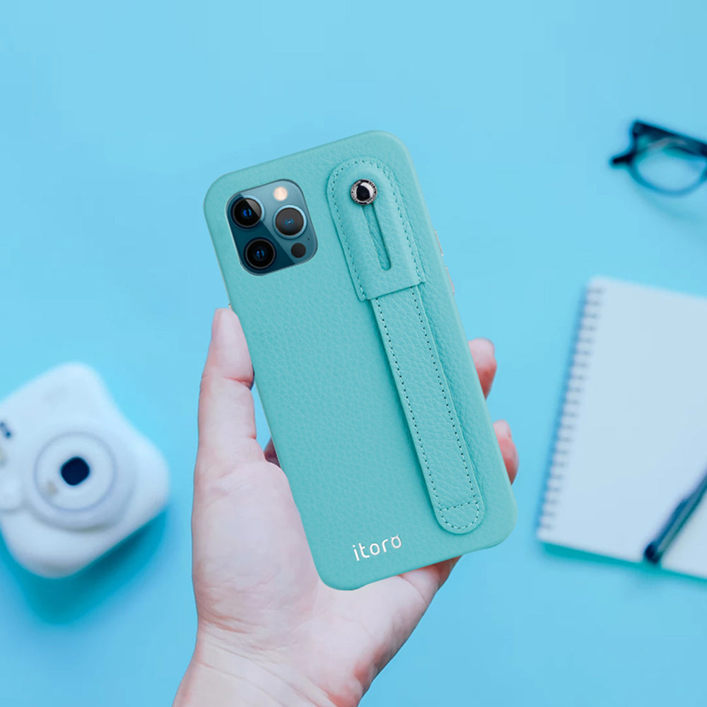 iPhone 12 | 12 Pro Italian Leather Case _ Hand Strap Kickstand - Mint Blue