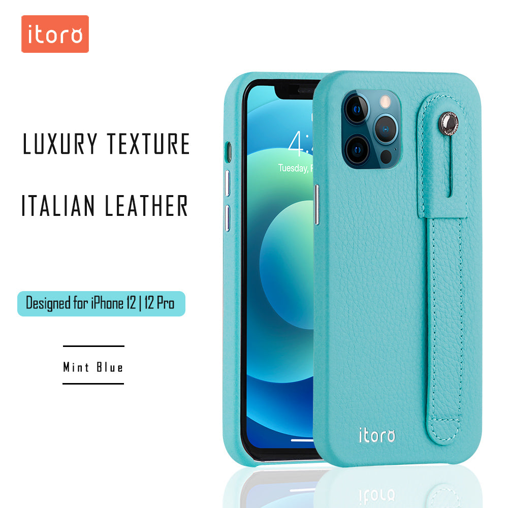 iPhone 12 | 12 Pro Italian Leather Case _ Hand Strap Kickstand - Mint Blue