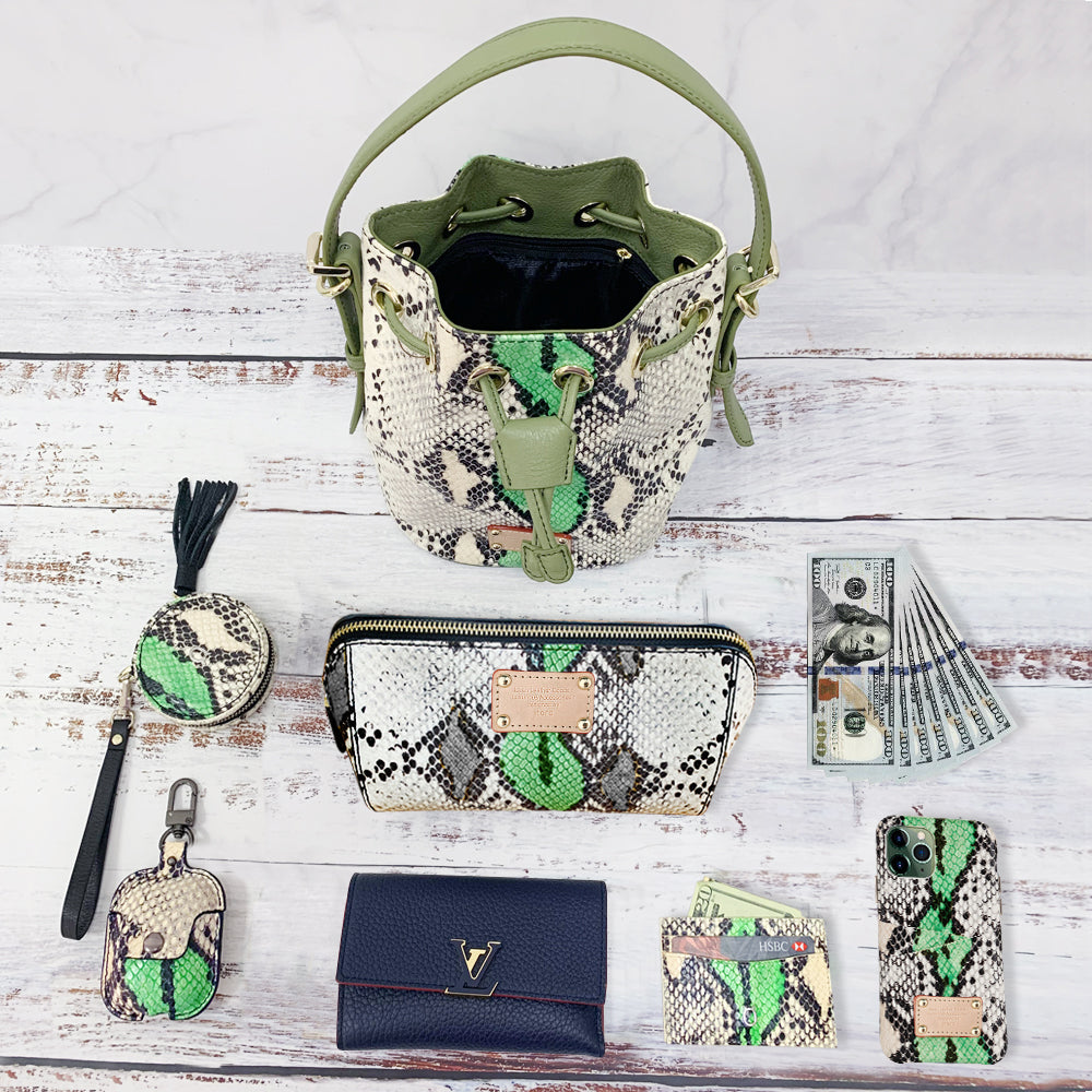 ITORO Italian Python Series Leather Mini Shoulder Bucket Bag - Green