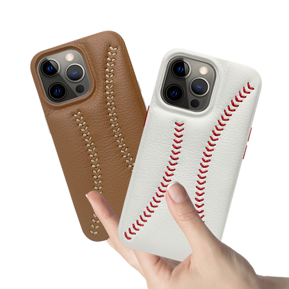 iPhone 13 Pro Baseball Designed Leather Case - Brown