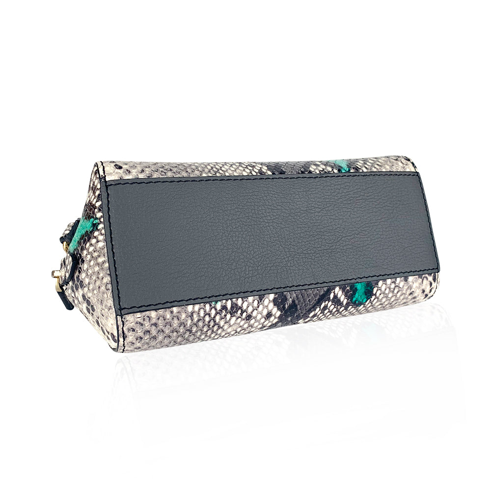 ITORO Multi-colored Italian Snake Print Goat Leather Cosmetic Bag - Green&Black