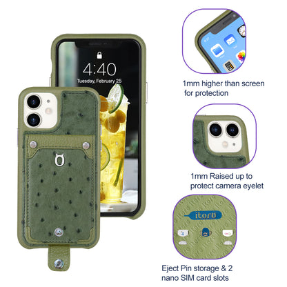 Ostrich detachable kickstand Wallets Leather Case iPhone 11 - Green
