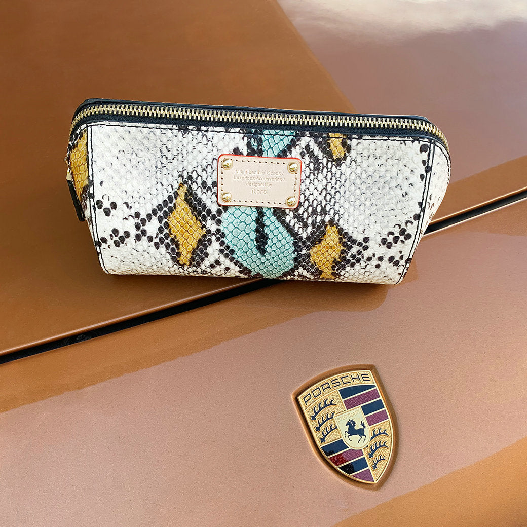 ITORO Multi-colored Italian Snake Print Goat Leather Cosmetic Bag - Yellow&Black