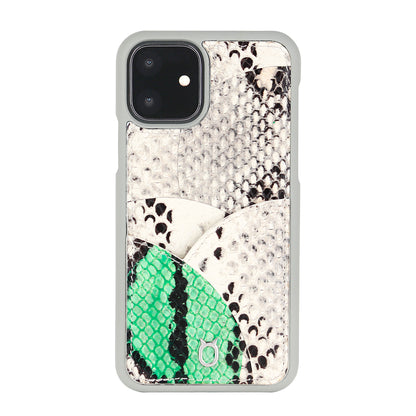 iPhone 11 Phone Case with Multi-colored Italian Python Series Leather - White&Green