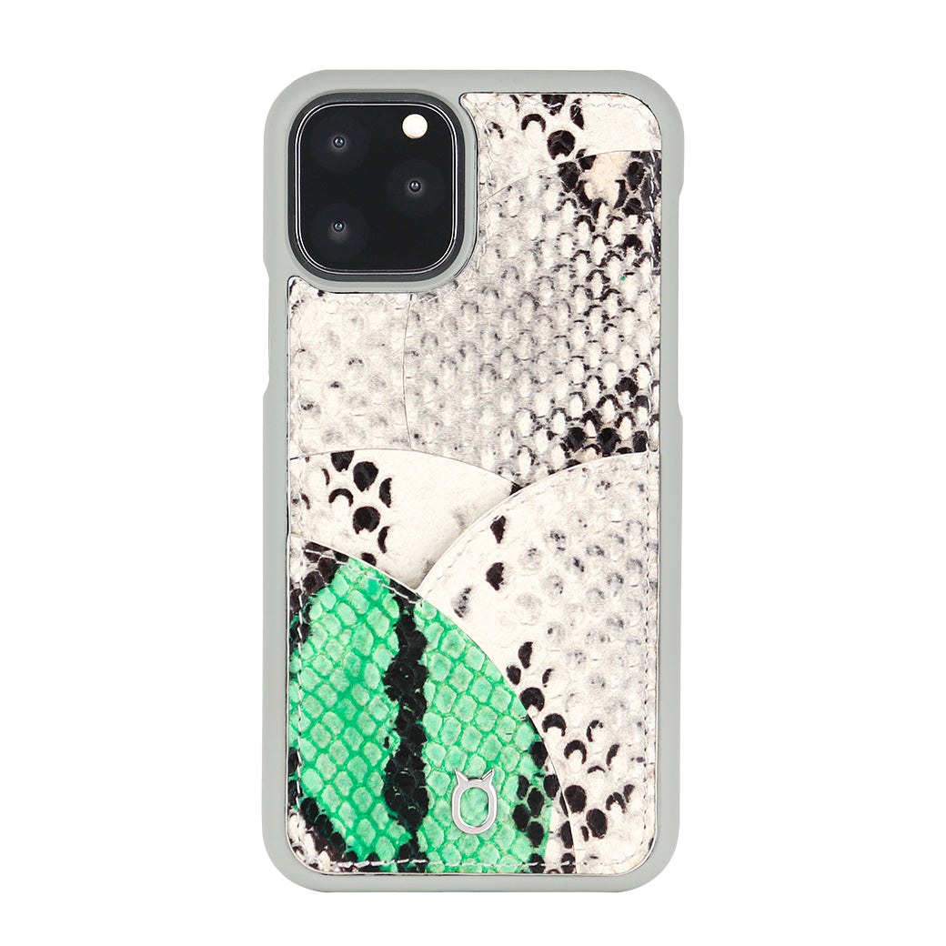 iPhone 11 Pro Max Phone Case with Multi-colored Italian Python Series Leather - White&Green