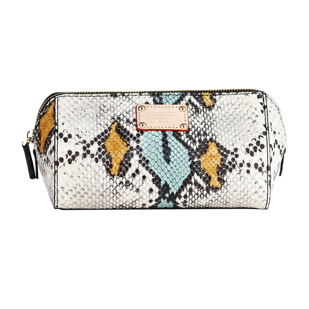 ITORO Multi-colored Italian Snake Print Goat Leather Cosmetic Bag - Yellow&Black