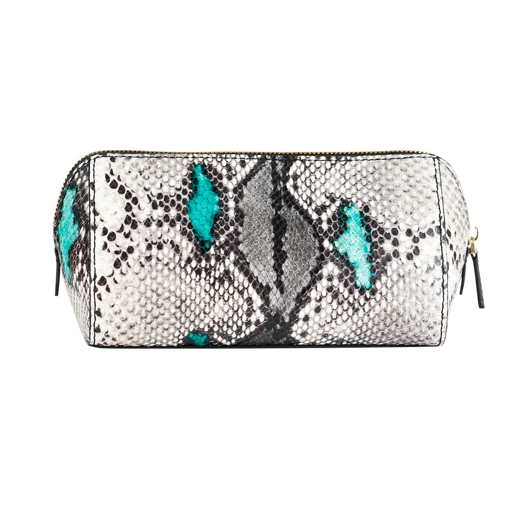 ITORO Multi-colored Italian Snake Print Goat Leather Cosmetic Bag - Green&Black