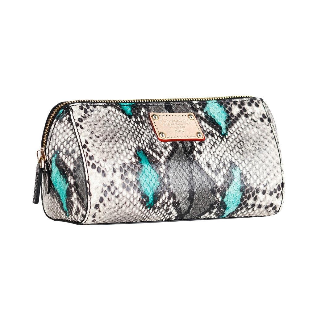 ITORO Multi-colored Italian Snake Print Goat Leather Cosmetic Bag - Green&Black