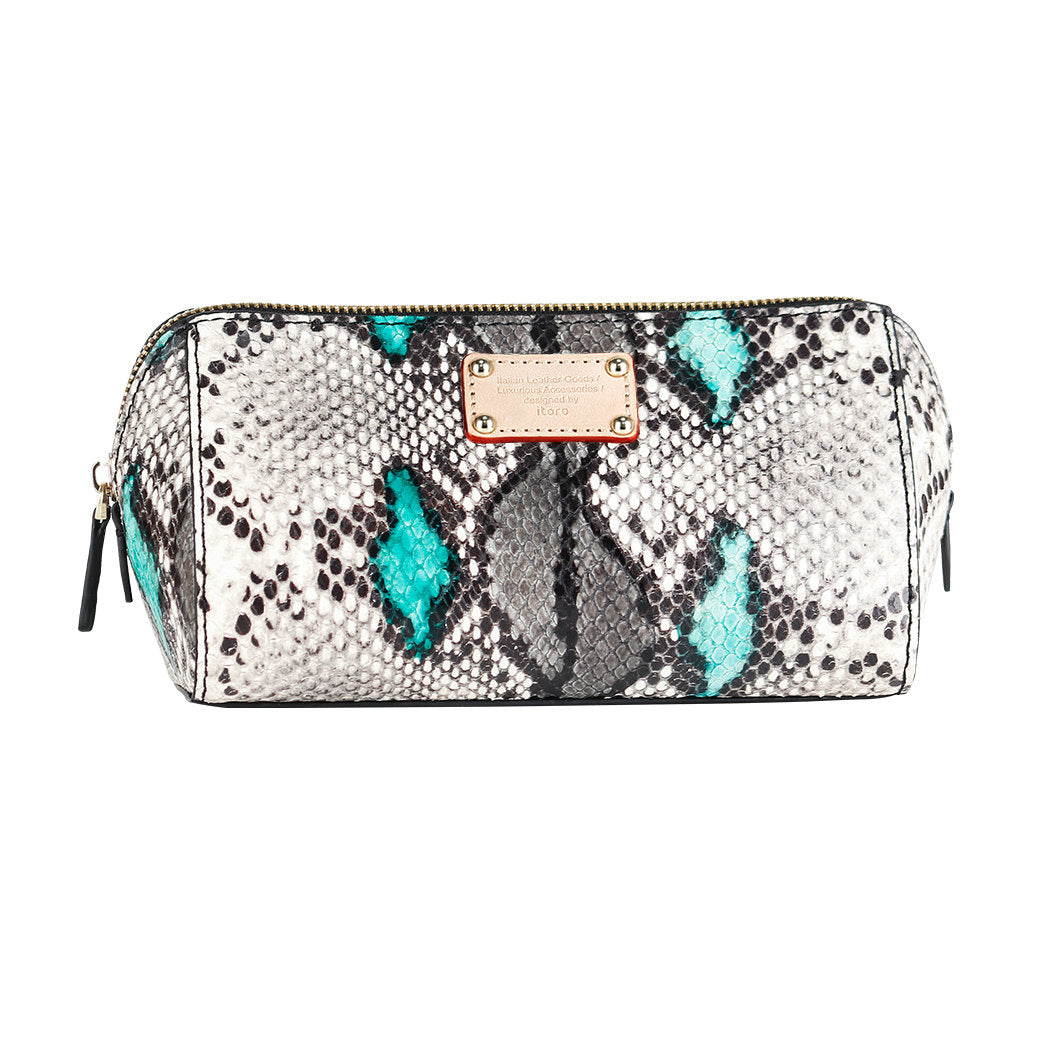 ITORO Multi-colored Italian Snake Print Goat Leather Cosmetic Bag - Green&Black