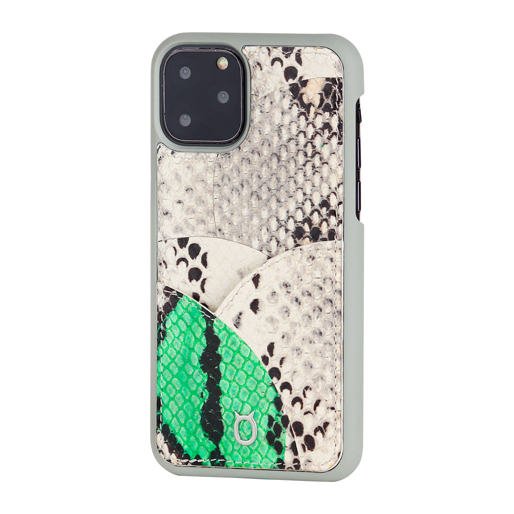 iPhone 11 Pro Max Phone Case with Multi-colored Italian Python Series Leather - White&Green