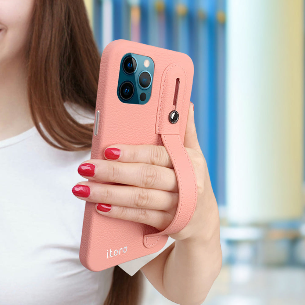 iPhone 12 | 12 Pro Italian Leather Case _ Hand Strap Kickstand - Cherry Pink