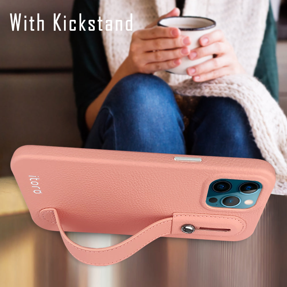 iPhone 12 | 12 Pro Italian Leather Case _ Hand Strap Kickstand - Cherry Pink