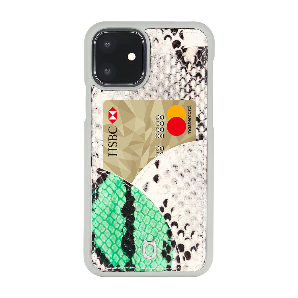 iPhone 11 Phone Case with Multi-colored Italian Python Series Leather - White&Green