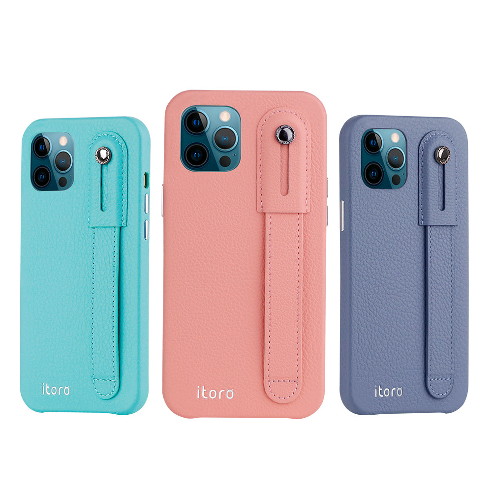 iPhone 12 | 12 Pro Italian Leather Case _ Hand Strap Kickstand - Mint Blue