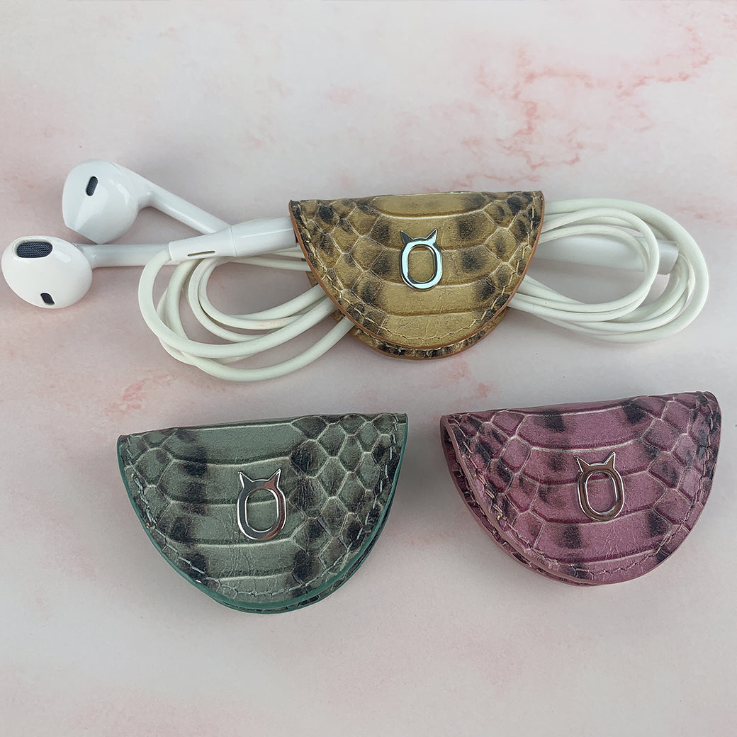 Snake embossed Leather Cable Holder Straps / Earphone, Useful Data Cable Organizer, USB Cable, Headphone Holder, Cable Tidy