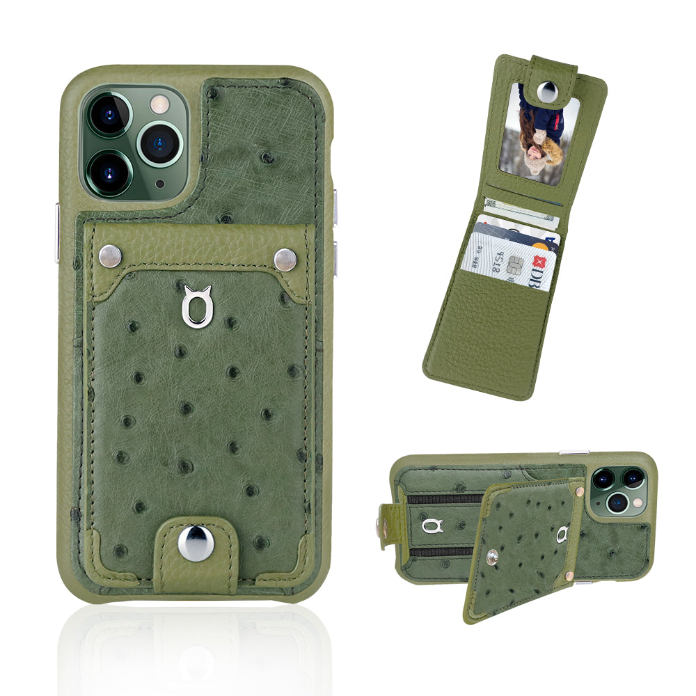 Ostrich detachable kickstand Wallets Leather Case iPhone 11 Pro Max - Green