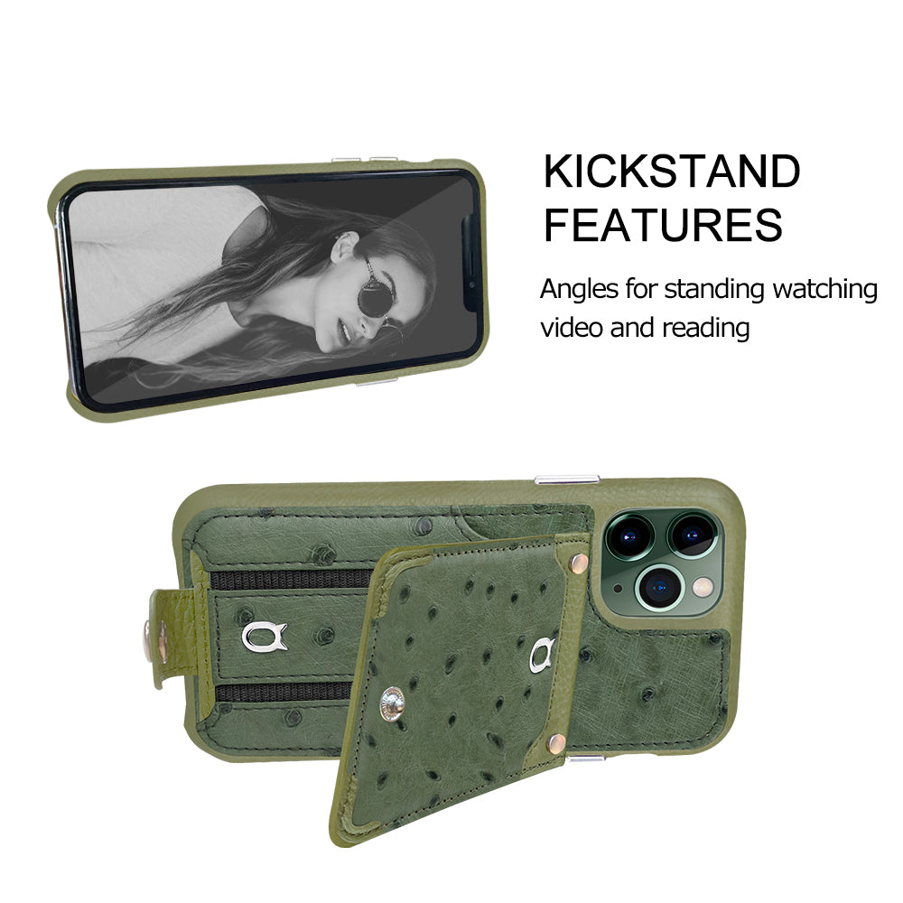 Ostrich detachable kickstand Wallets Leather Case iPhone 11 Pro Max - Green