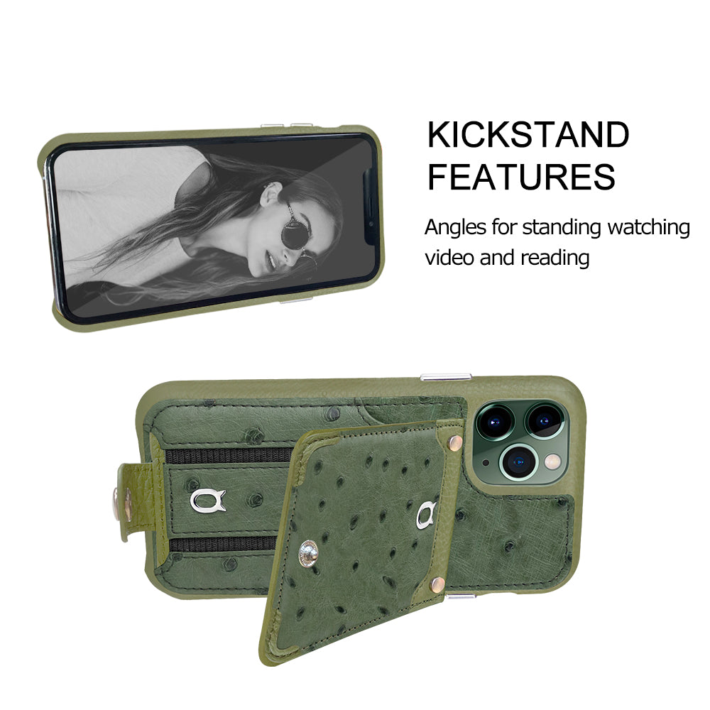 Ostrich detachable kickstand Wallets Leather Case iPhone 11 Pro - Green