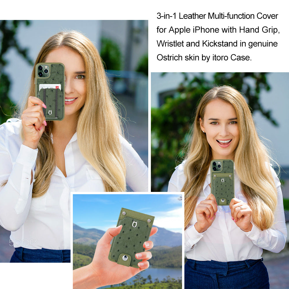 Ostrich detachable kickstand Wallets Leather Case iPhone 11 Pro Max - Green