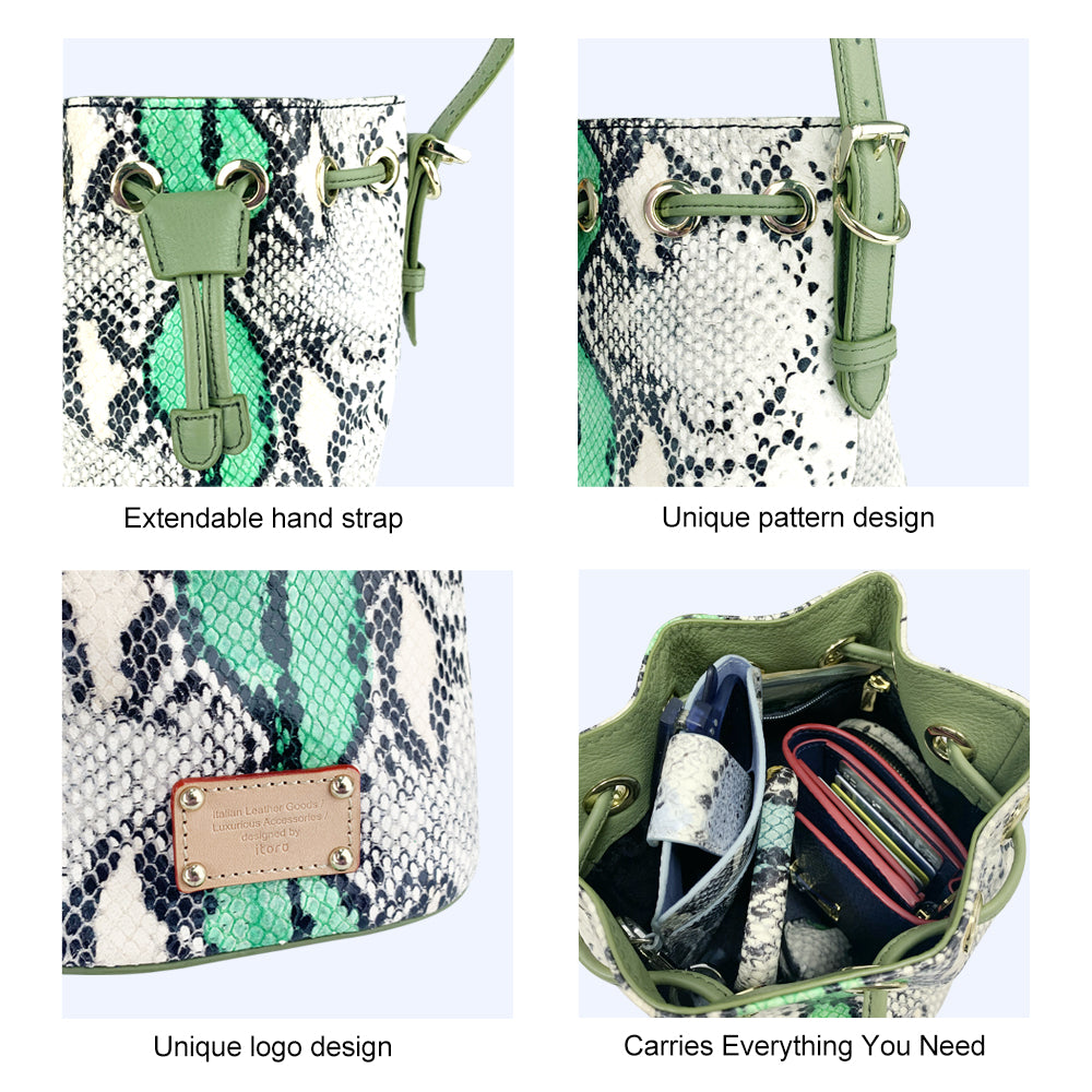 ITORO Italian Python Series Leather Mini Shoulder Bucket Bag - Green